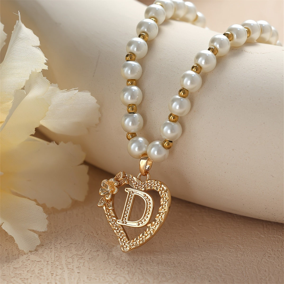 Pearl Beaded Heart Initial Necklace