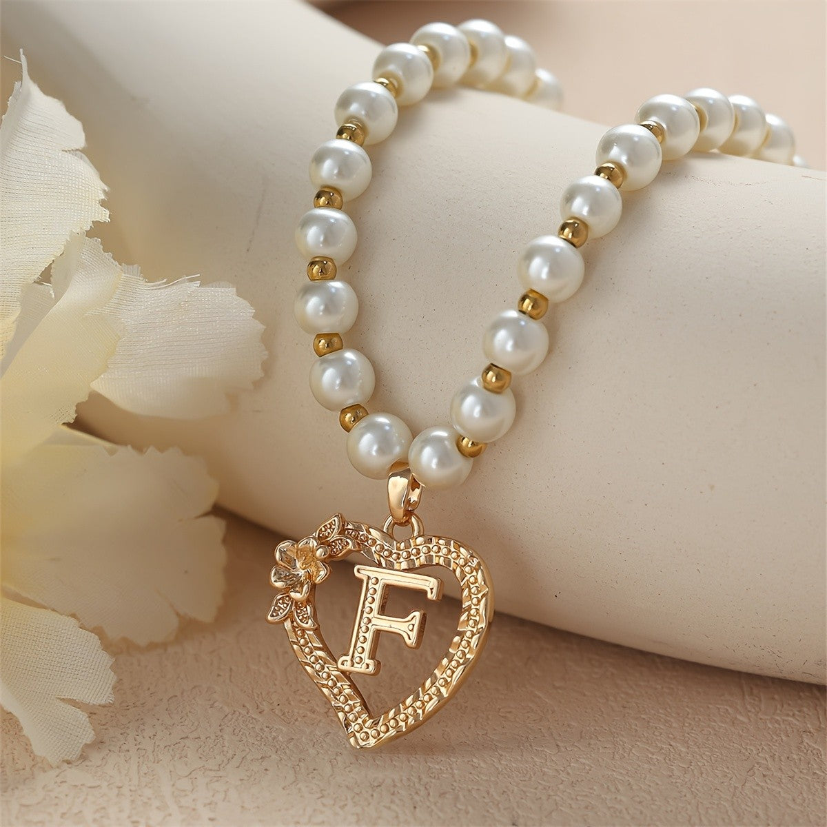 Pearl Beaded Heart Initial Necklace