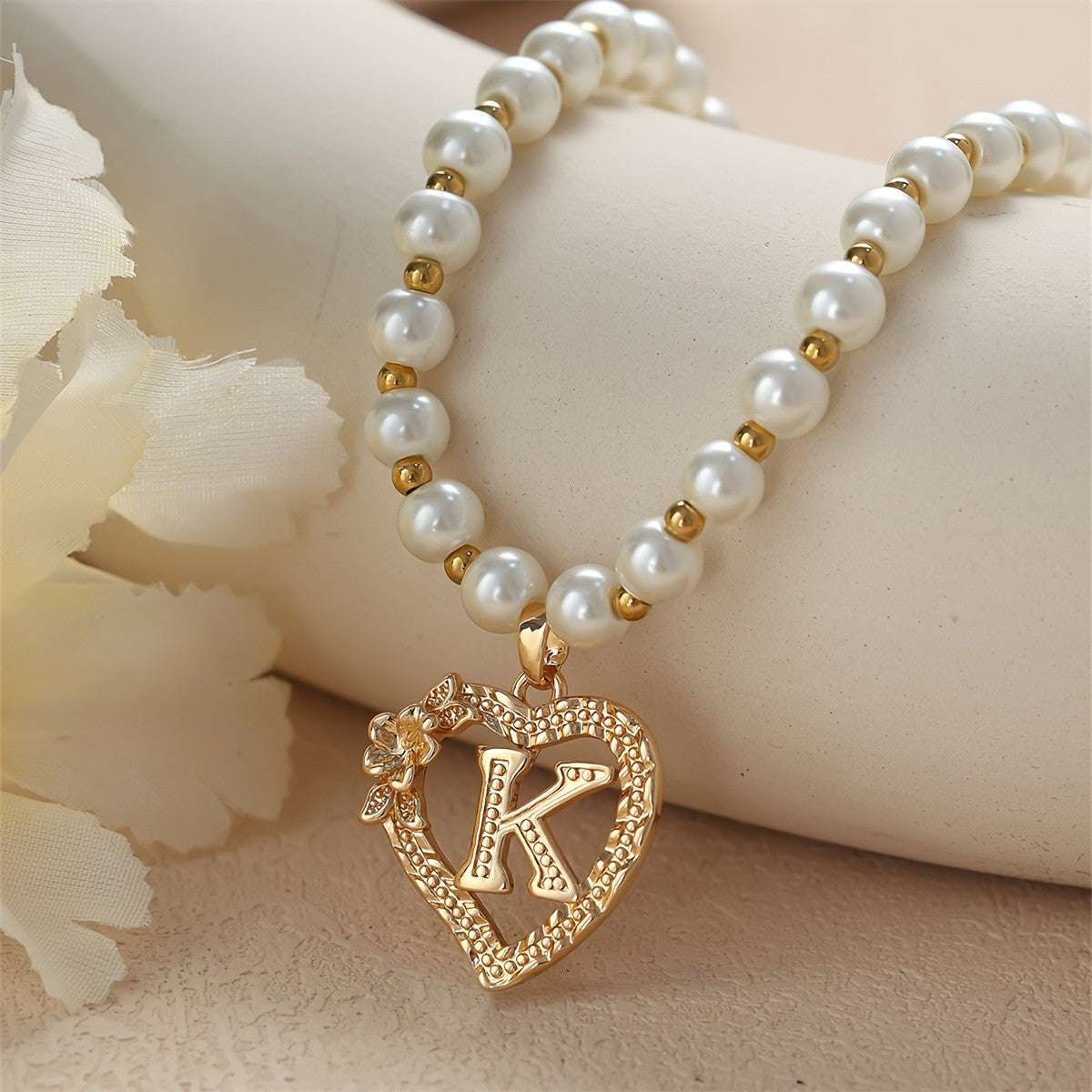 Pearl Beaded Heart Initial Necklace