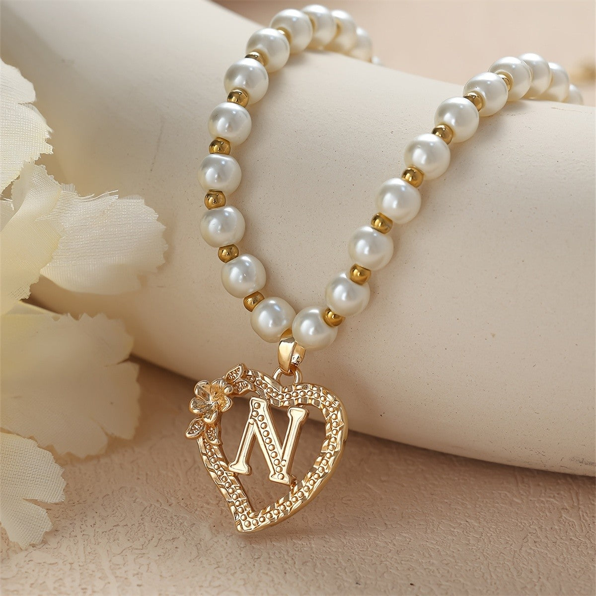Pearl Beaded Heart Initial Necklace