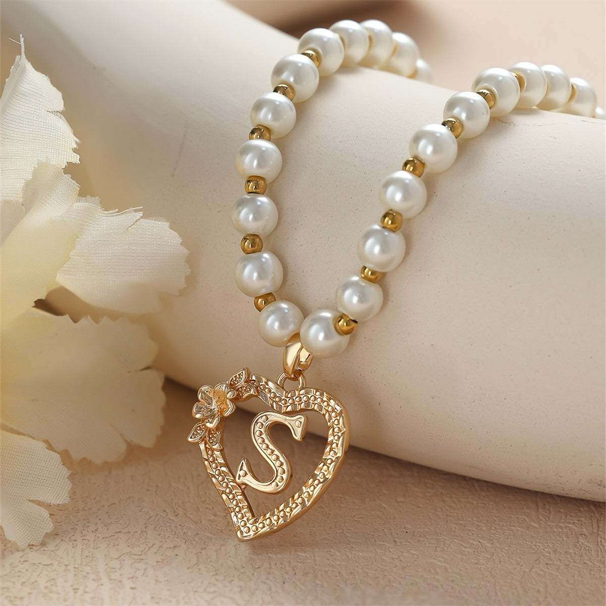 Pearl Beaded Heart Initial Necklace