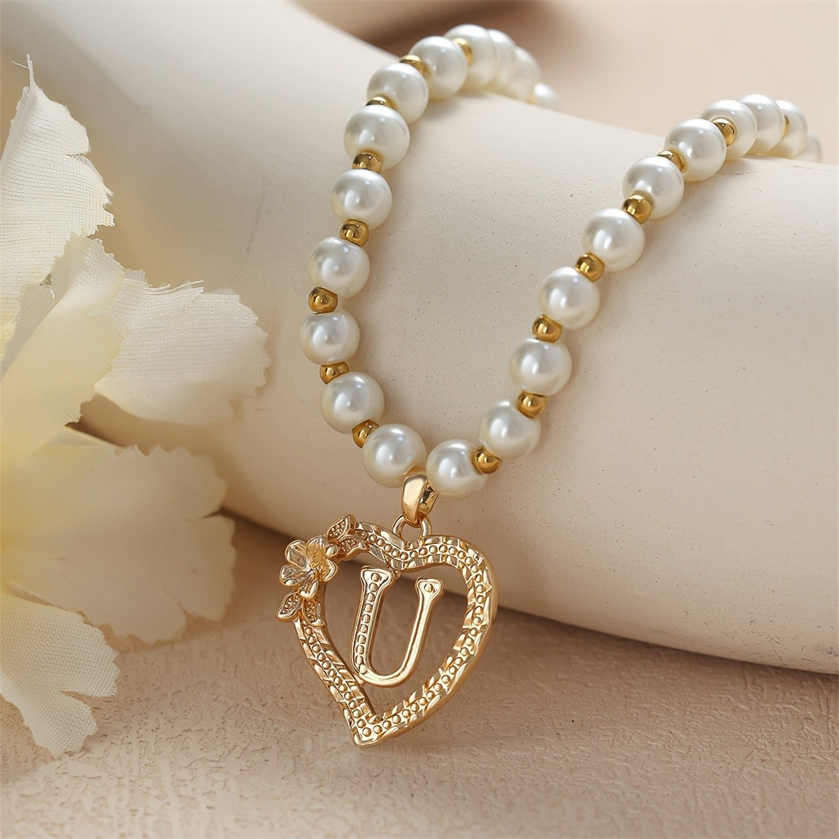 Pearl Beaded Heart Initial Necklace
