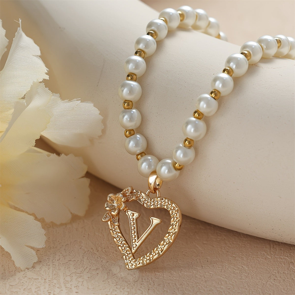 Pearl Beaded Heart Initial Necklace