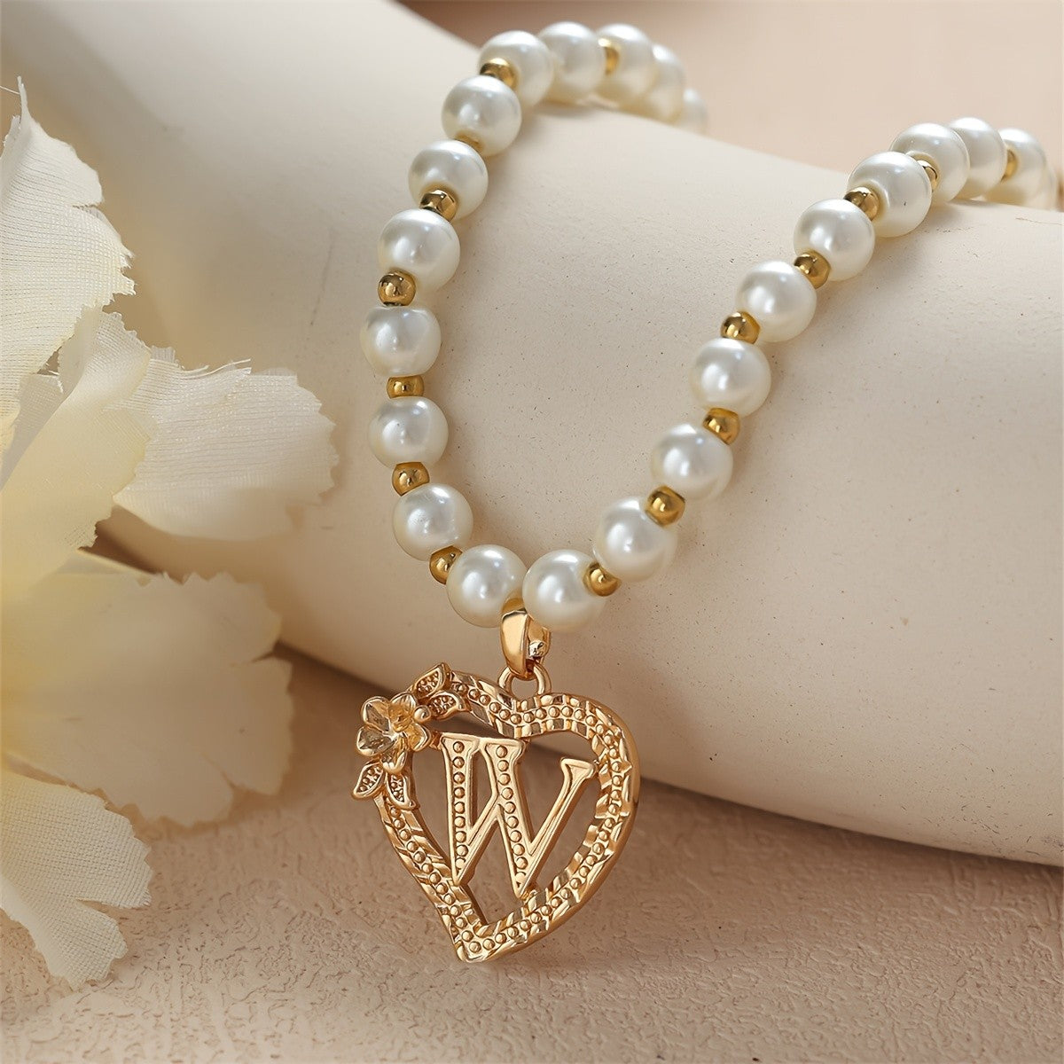 Pearl Beaded Heart Initial Necklace