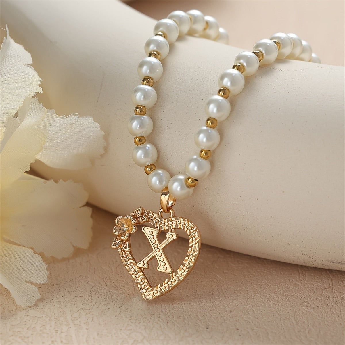 Pearl Beaded Heart Initial Necklace
