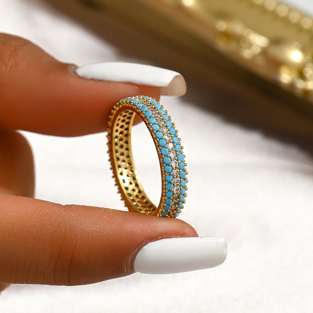 Turquoise & Crystal Pave Band Ring