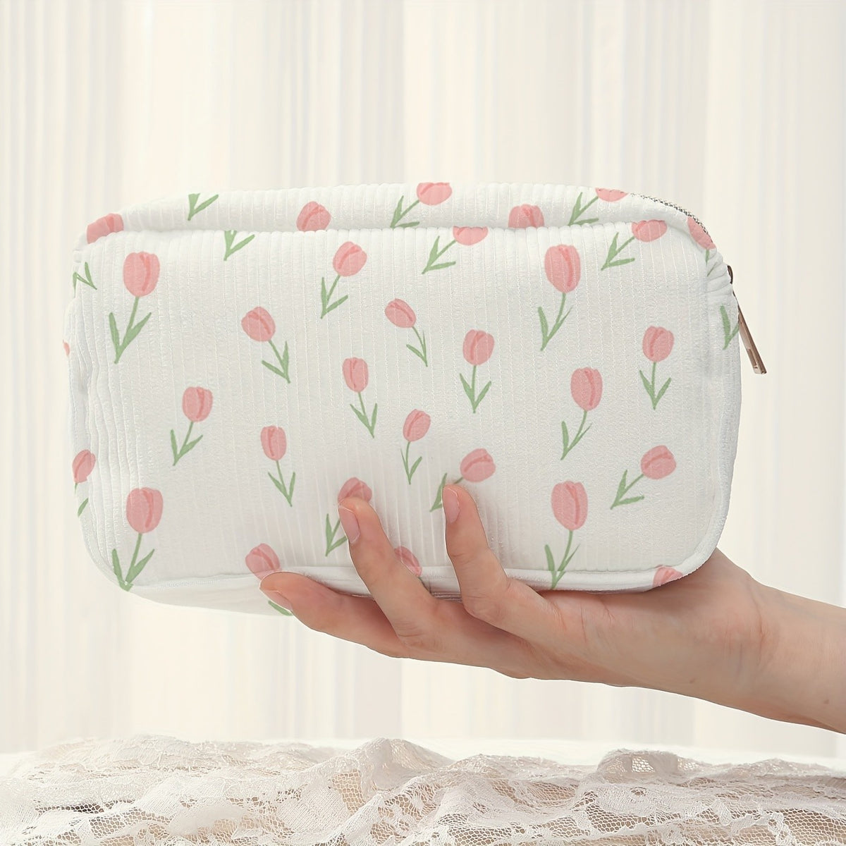 Pink Tulip Corduroy Makeup Bag