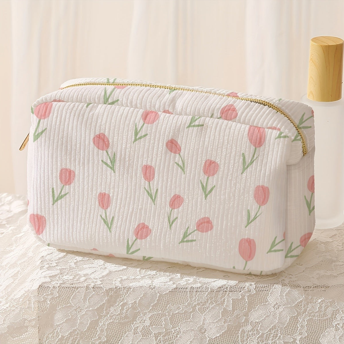 Pink Tulip Corduroy Makeup Bag