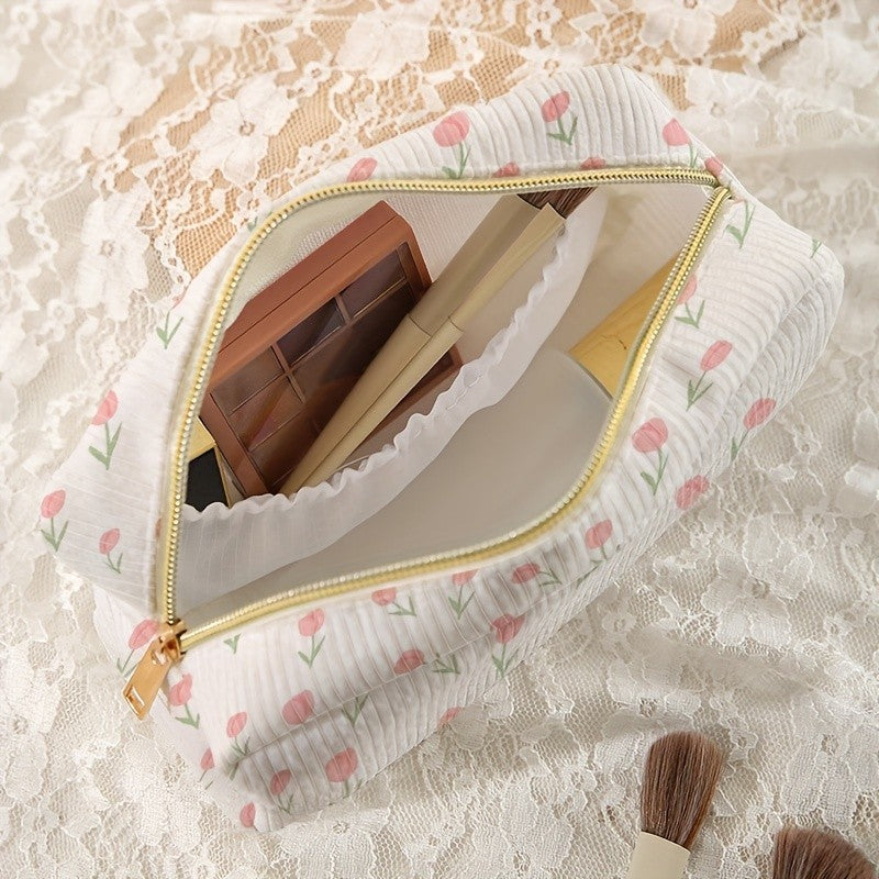 Pink Tulip Corduroy Makeup Bag