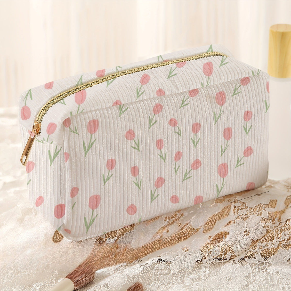 Pink Tulip Corduroy Makeup Bag