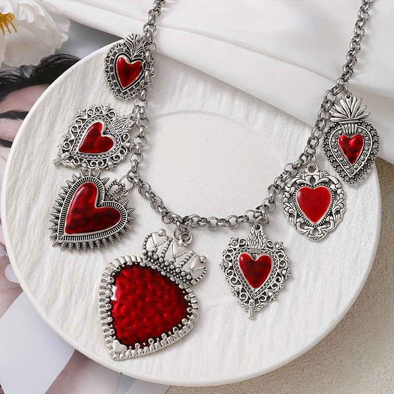Red Heart Crown Charm Necklace