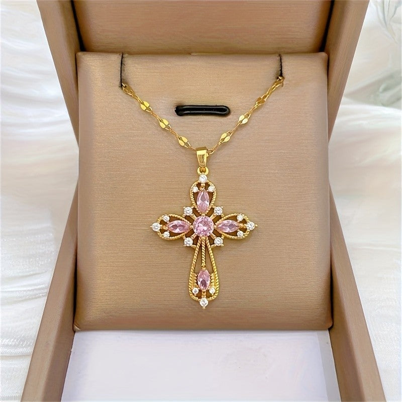 Pink Crystal Ornate Cross Necklace