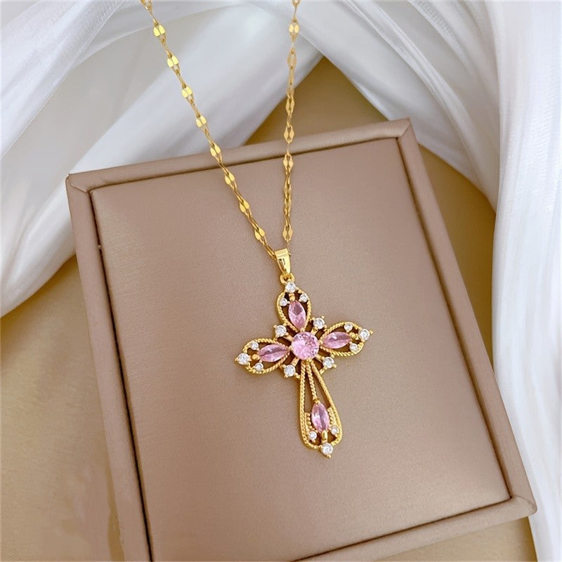Pink Crystal Ornate Cross Necklace