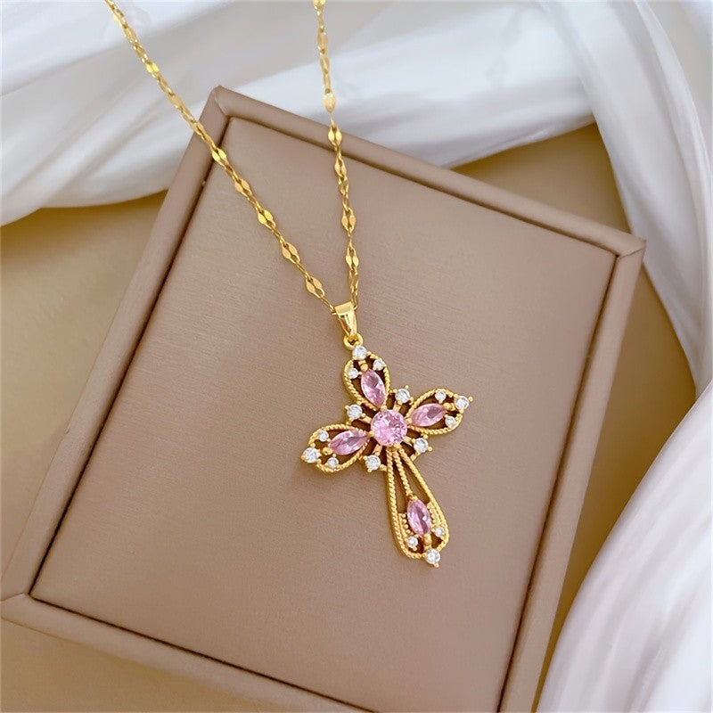 Pink Crystal Ornate Cross Necklace