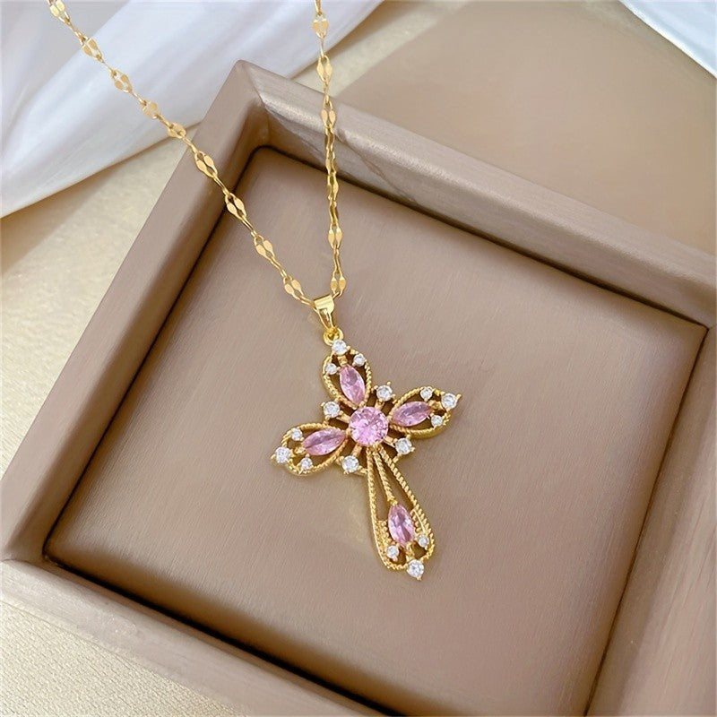 Pink Crystal Ornate Cross Necklace