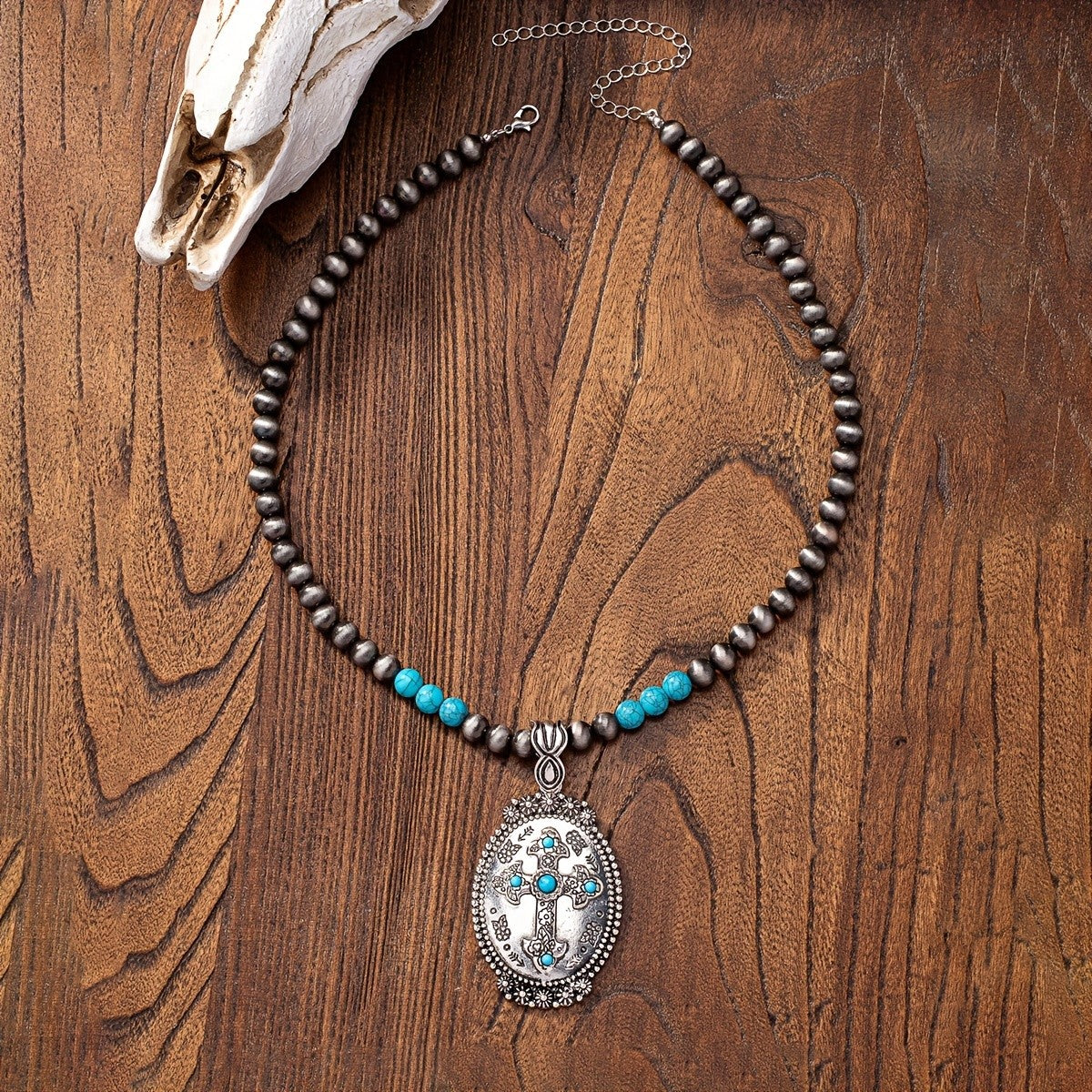 Turquoise Cross Oval Beaded Necklace