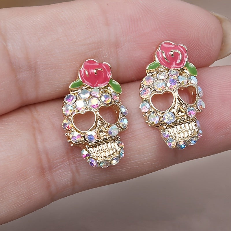 Rose Crystal Skull Earrings