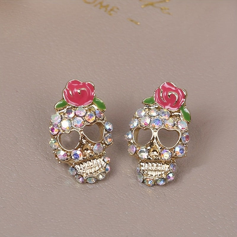 Rose Crystal Skull Earrings