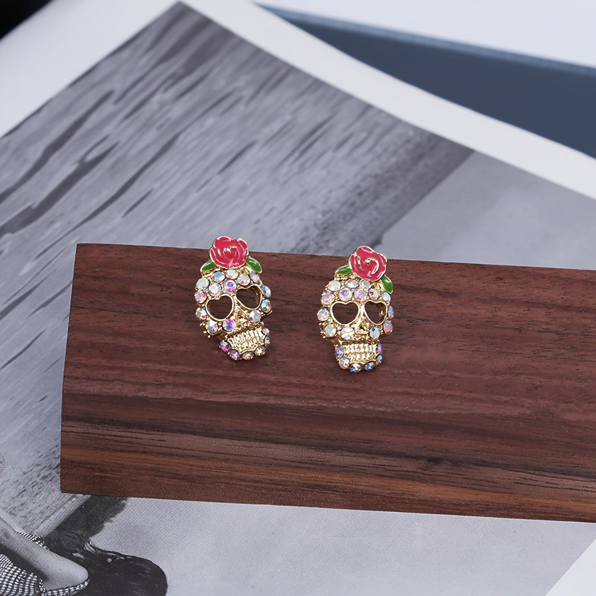 Rose Crystal Skull Earrings