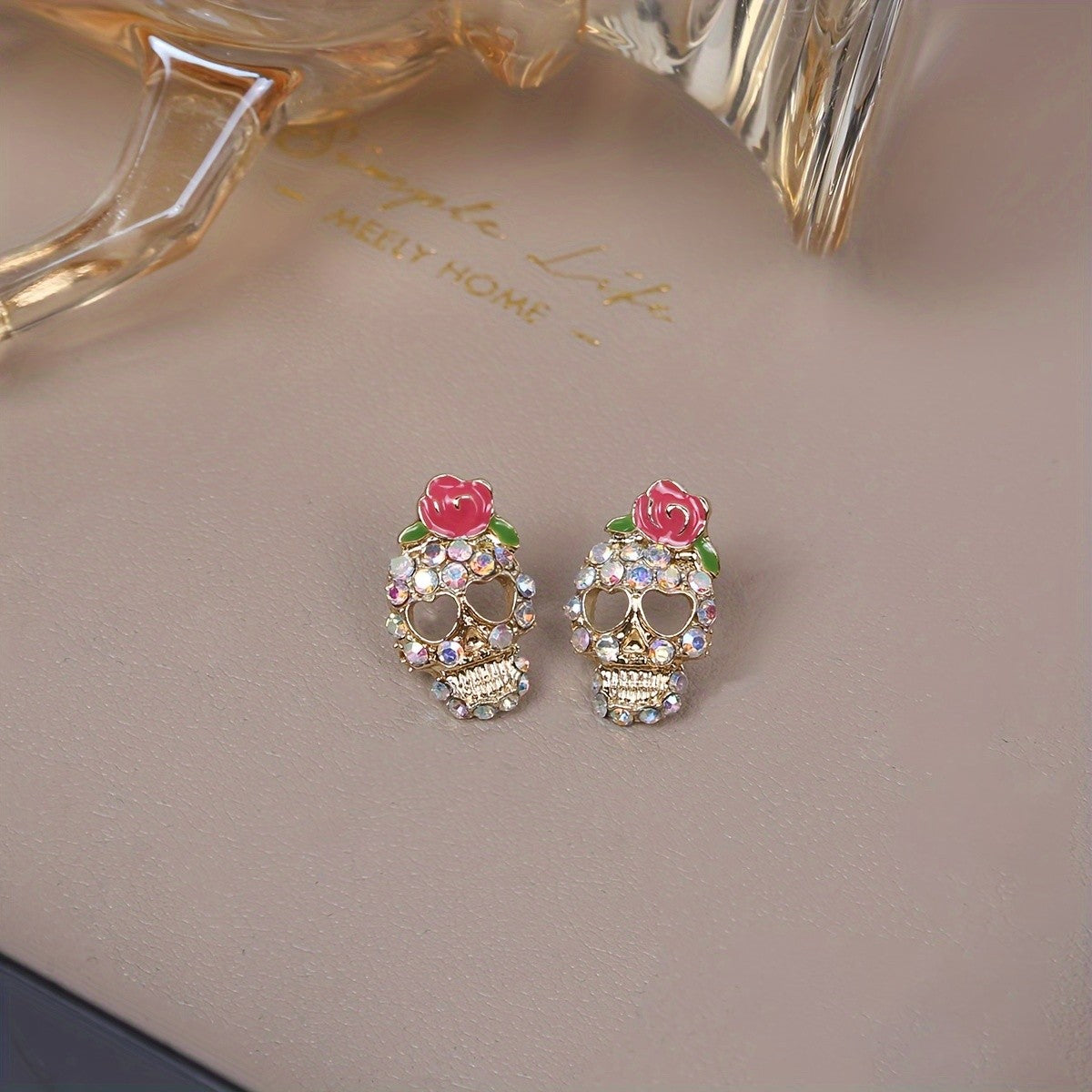 Rose Crystal Skull Earrings