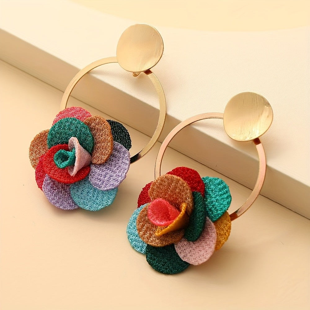 Fabric Flower Hoop Earrings