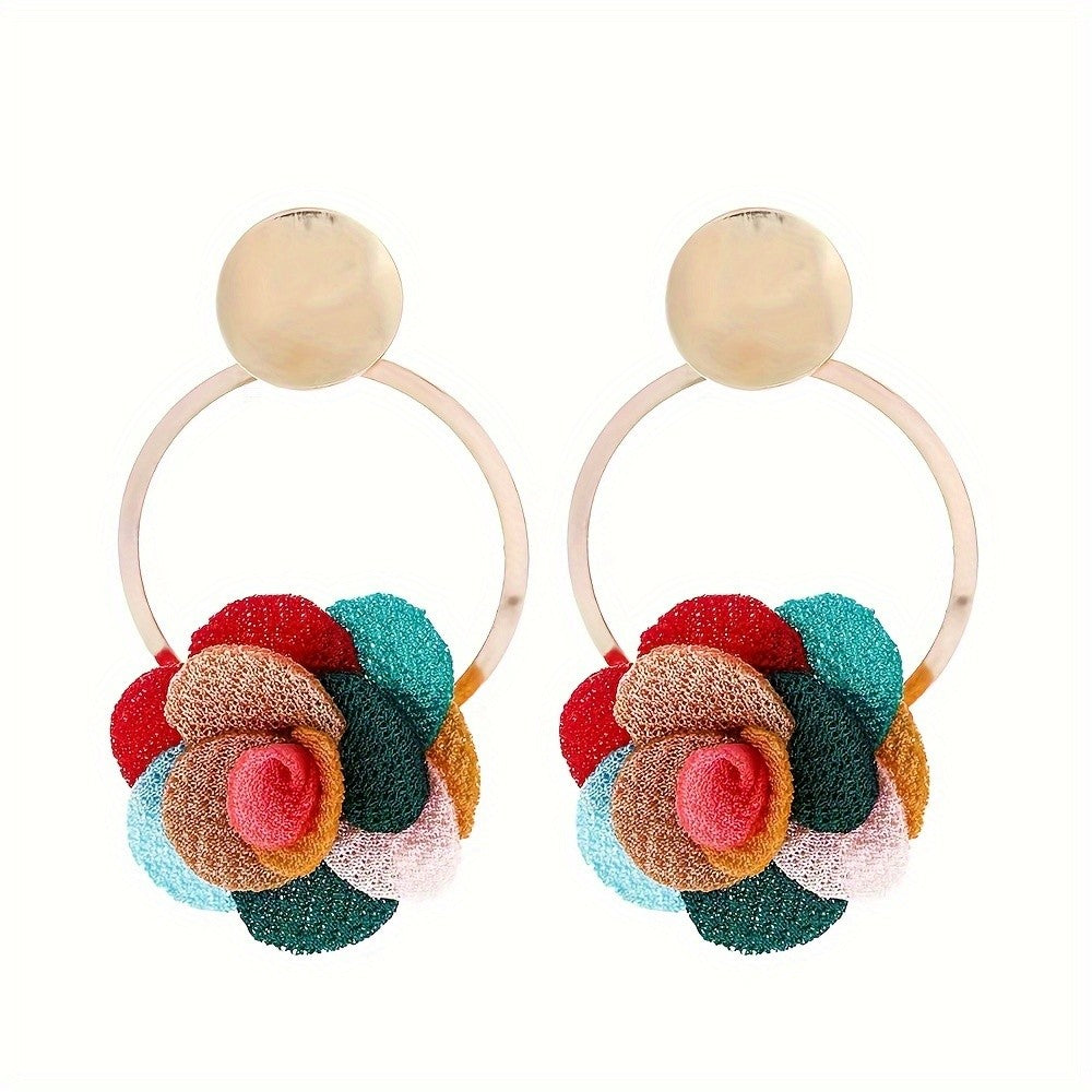 Fabric Flower Hoop Earrings