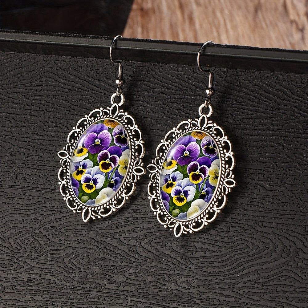 Pansy Flower Oval Earrings