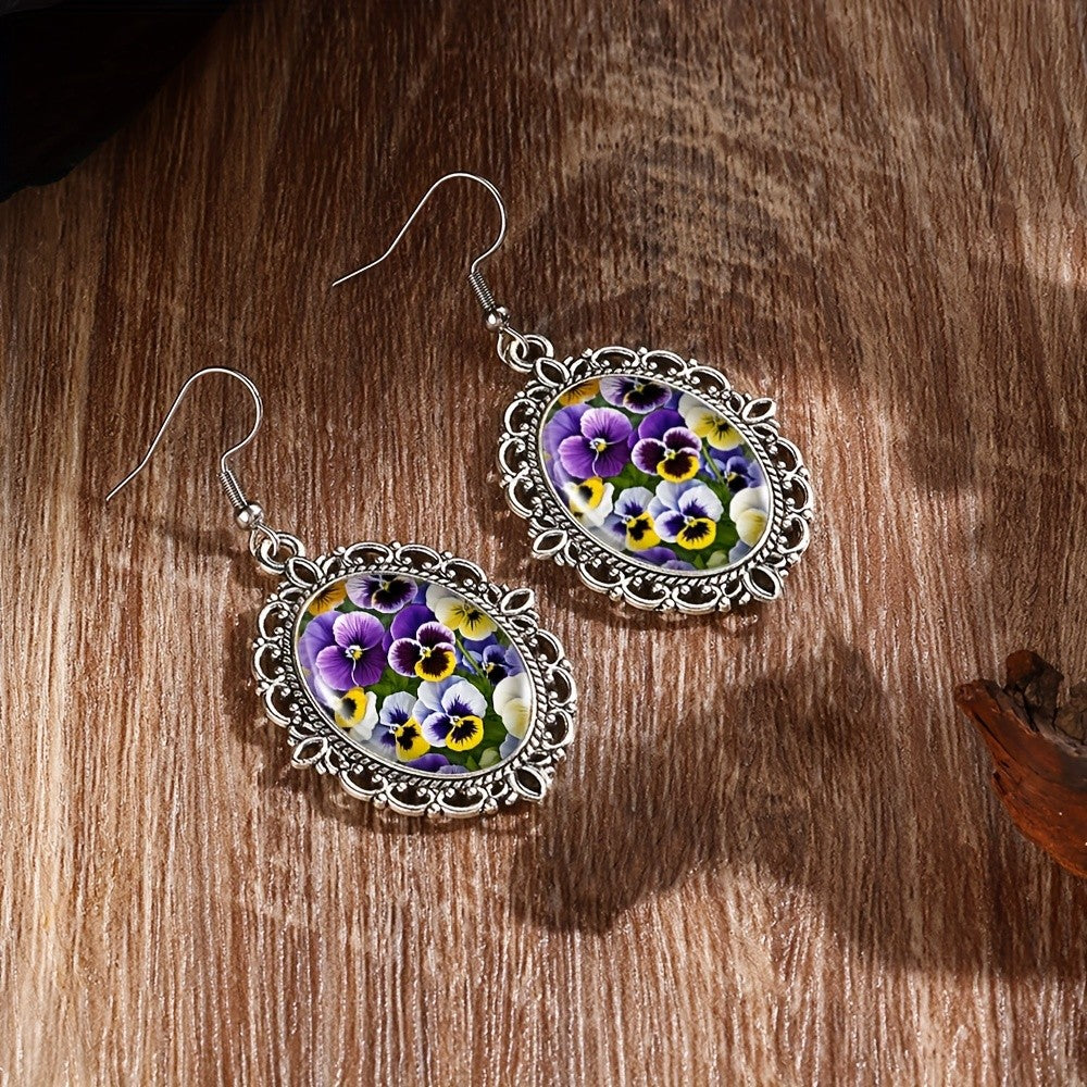 Pansy Flower Oval Earrings