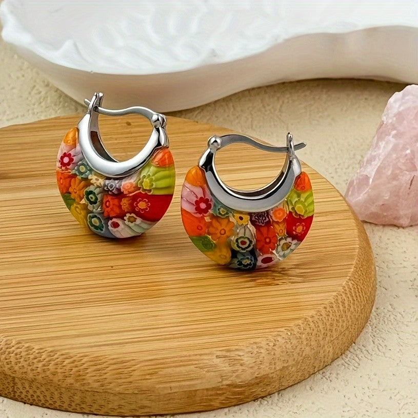 Colorful Millefiori Glass Hoop Earrings