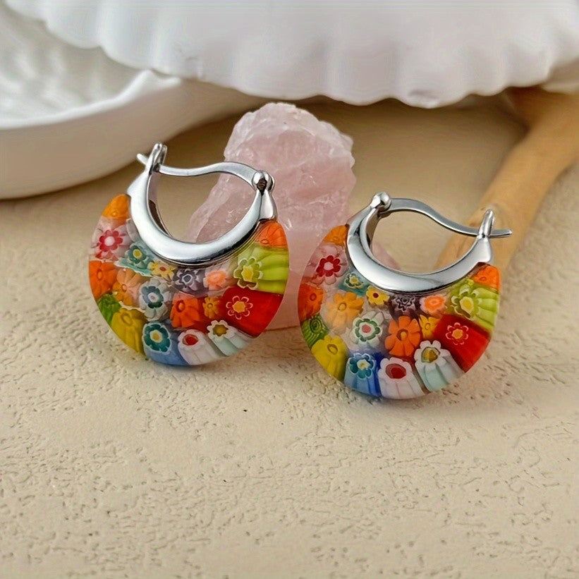 Colorful Millefiori Glass Hoop Earrings