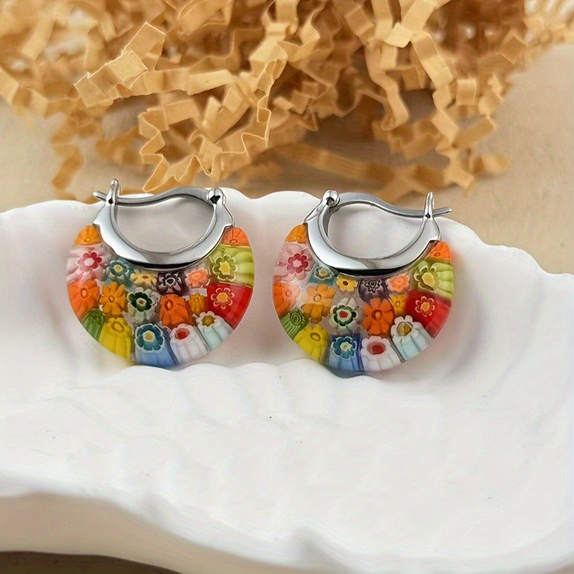 Colorful Millefiori Glass Hoop Earrings