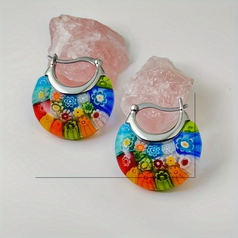 Colorful Millefiori Glass Hoop Earrings