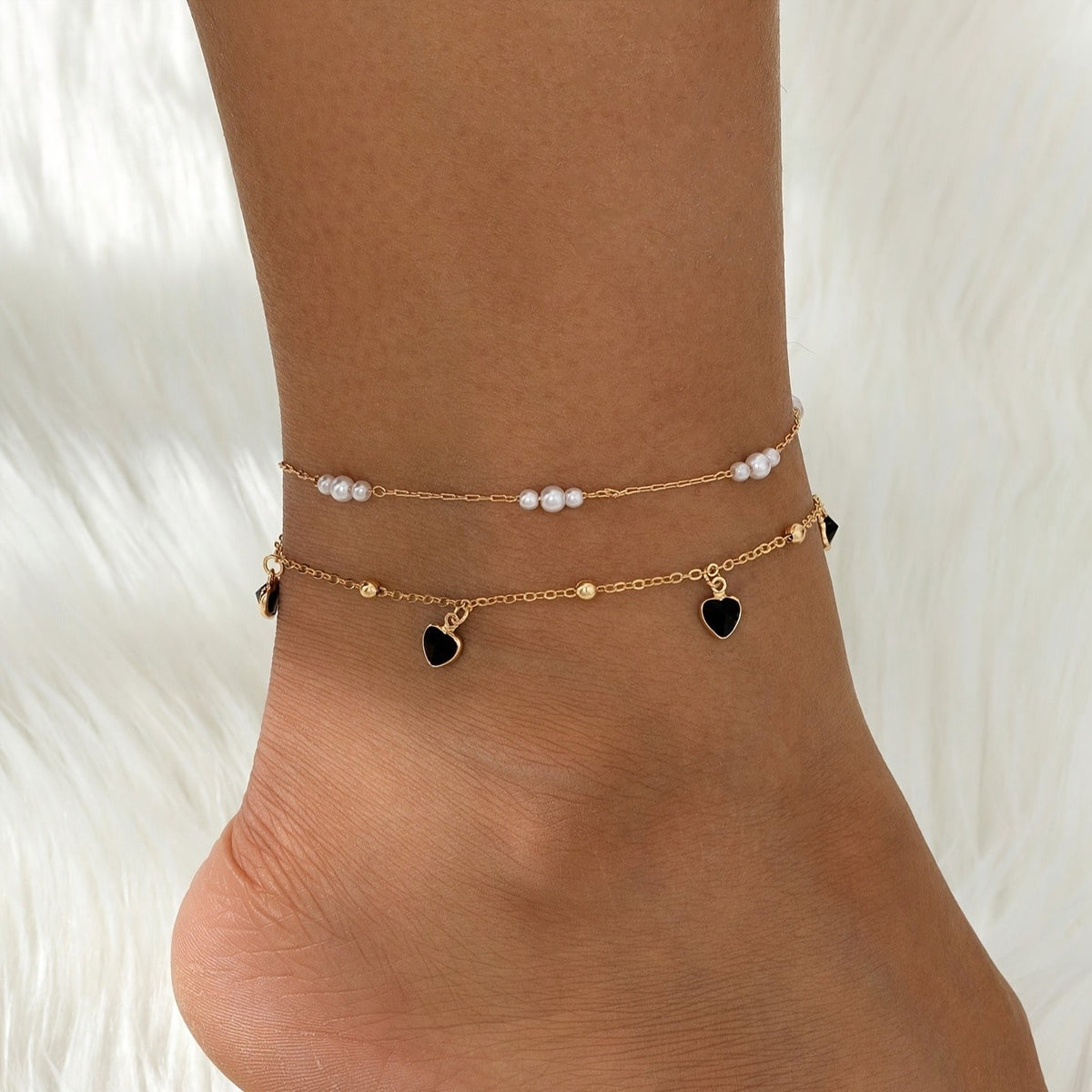 Heart Pearl Layered Anklet