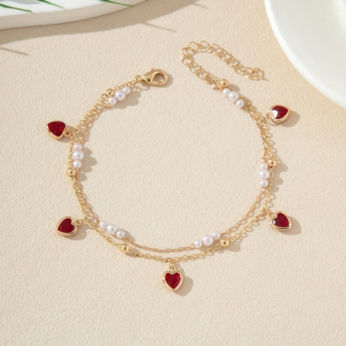 Heart Pearl Layered Anklet