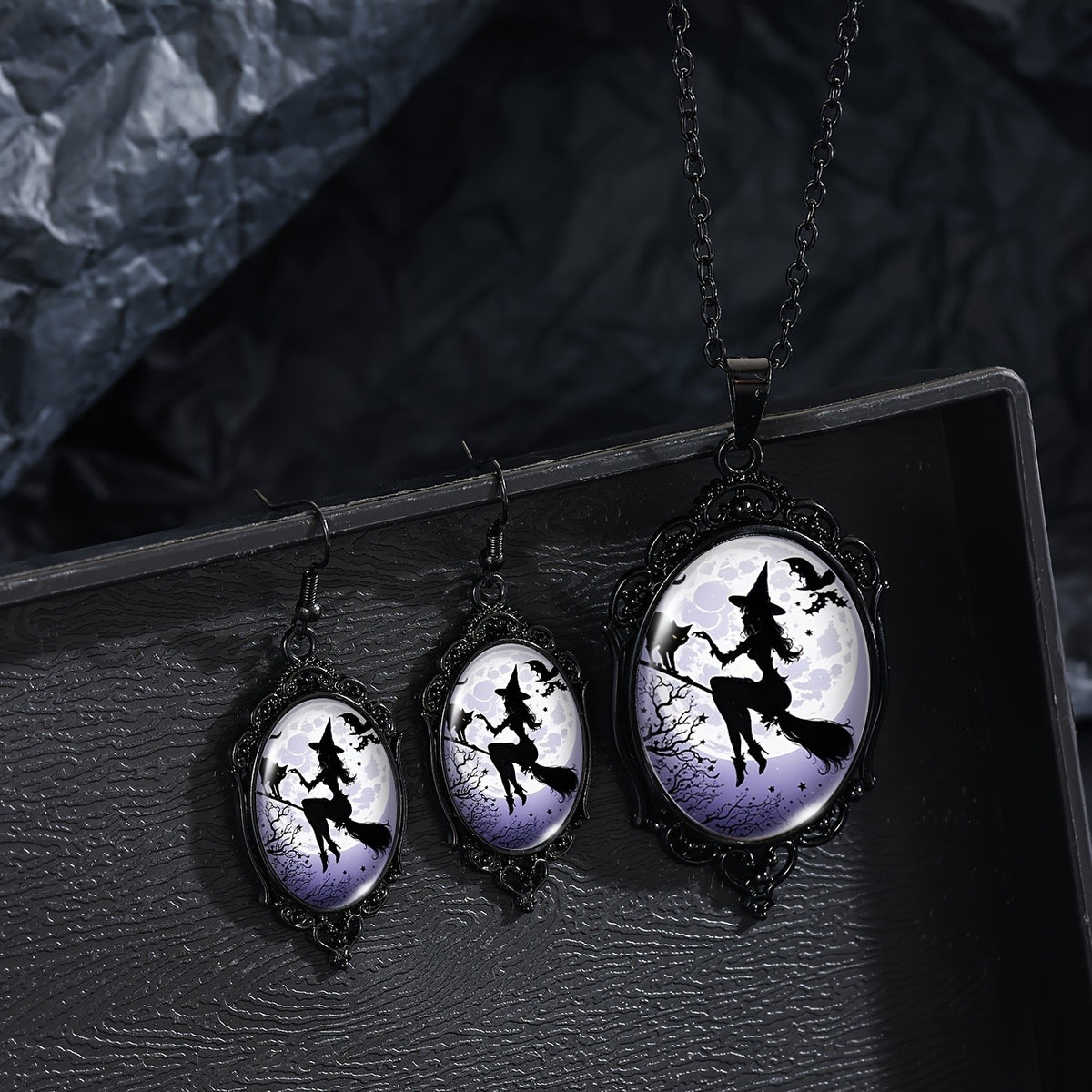 Witch Silhouette Oval Necklace & Earring Set