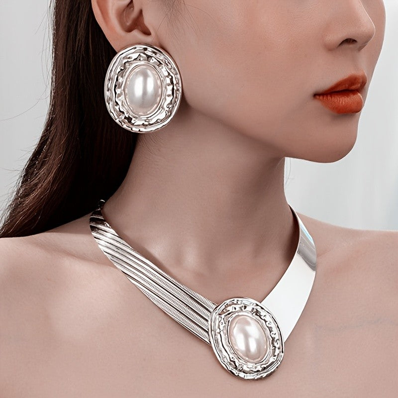 Pearl Oval Collar Necklace & Earring Set