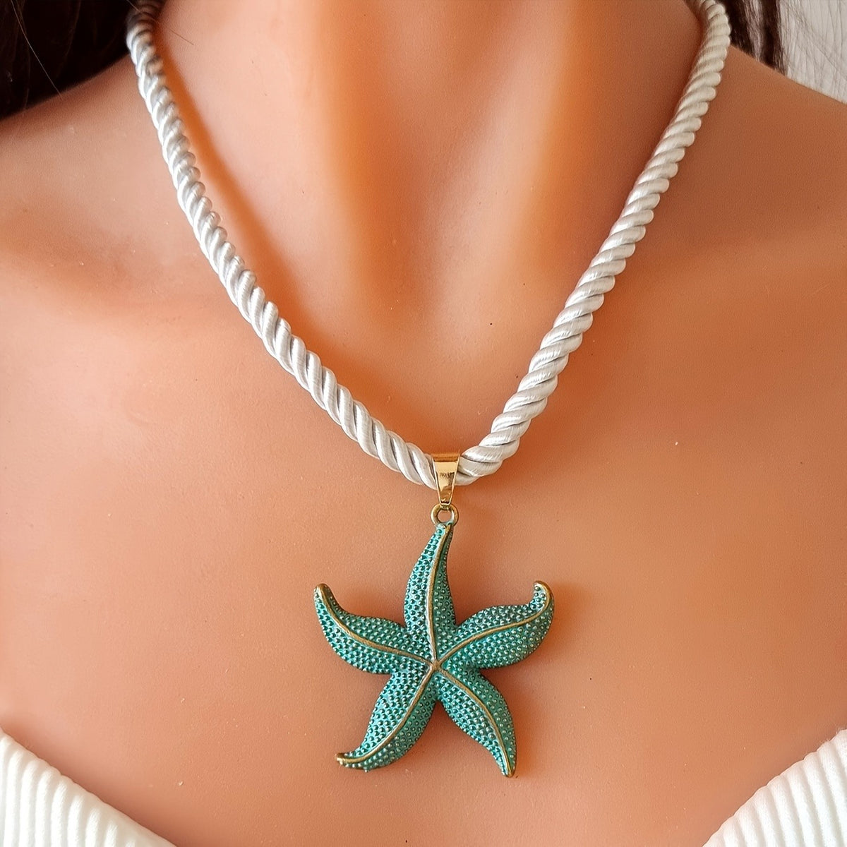 Textured Teal Starfish Rope Necklace