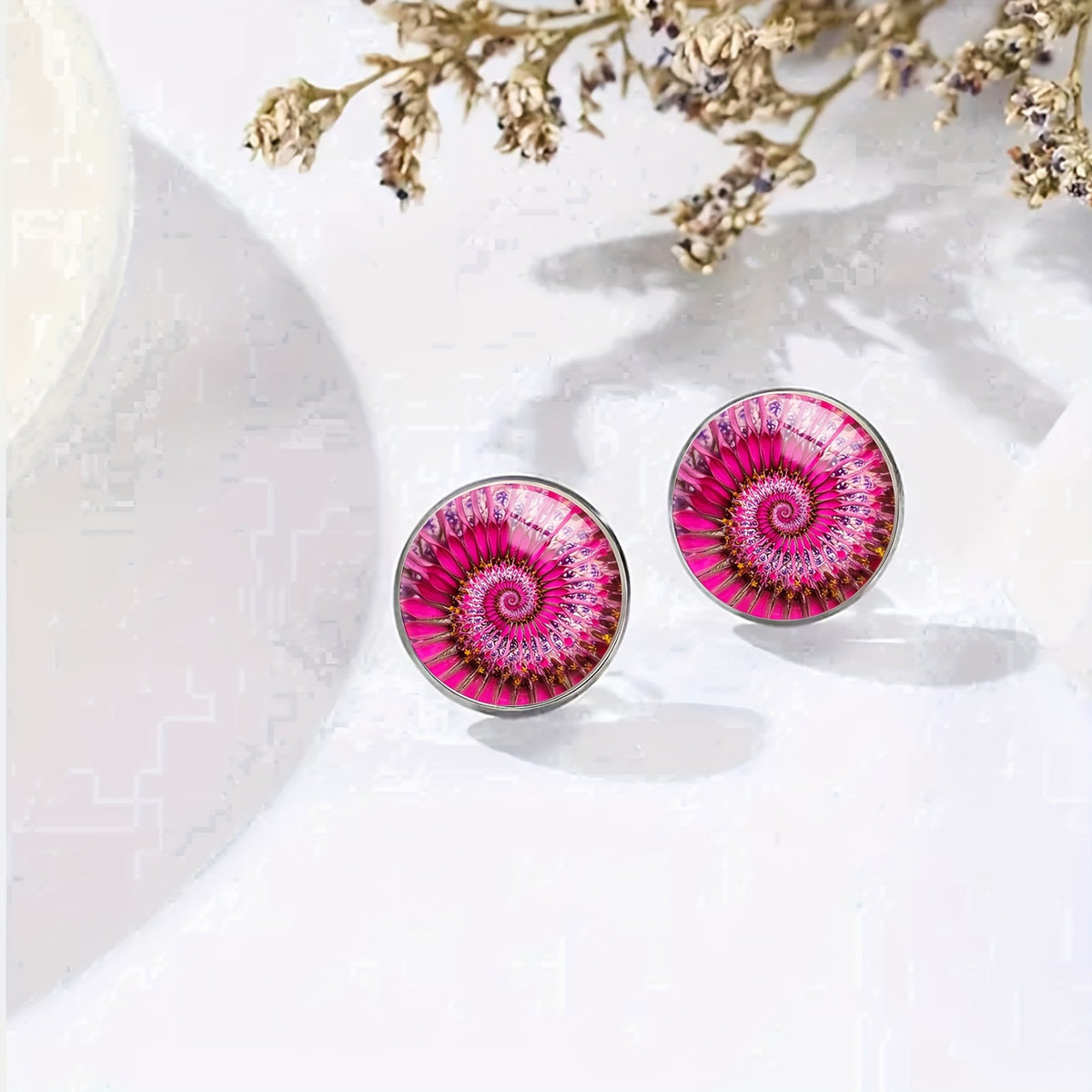 Pink Spiral Glass Stud Earrings