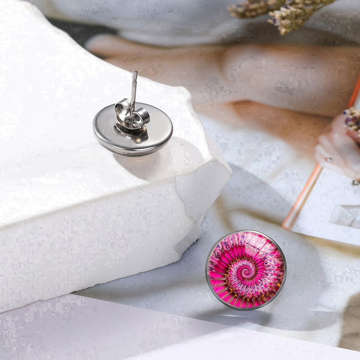 Pink Spiral Glass Stud Earrings