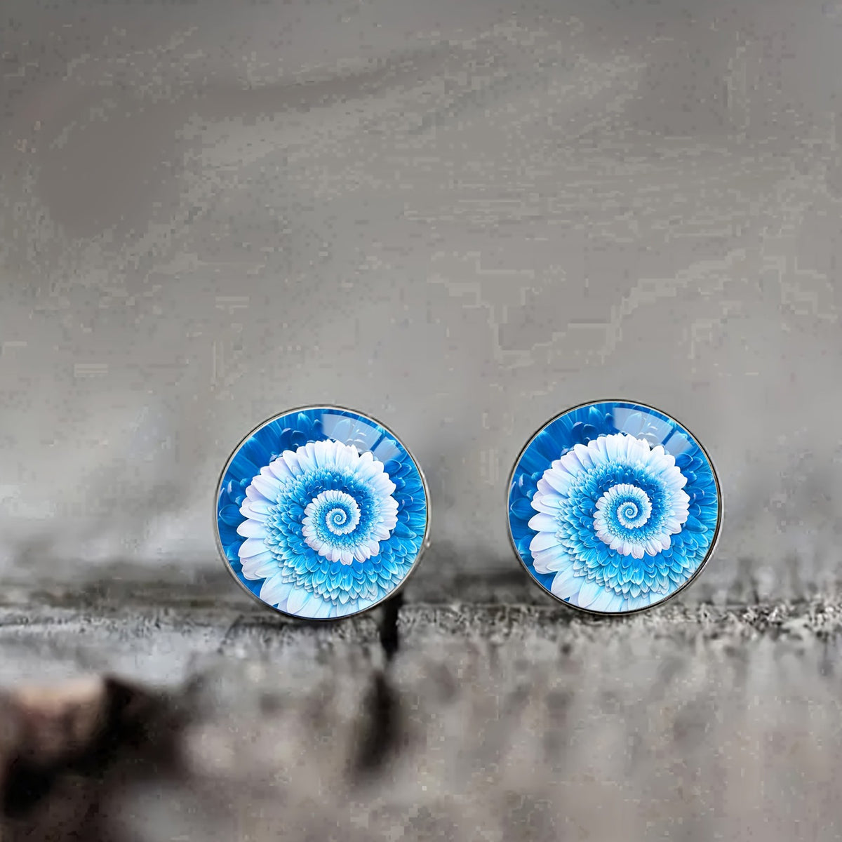 Blue Glass Flower Stud Earrings