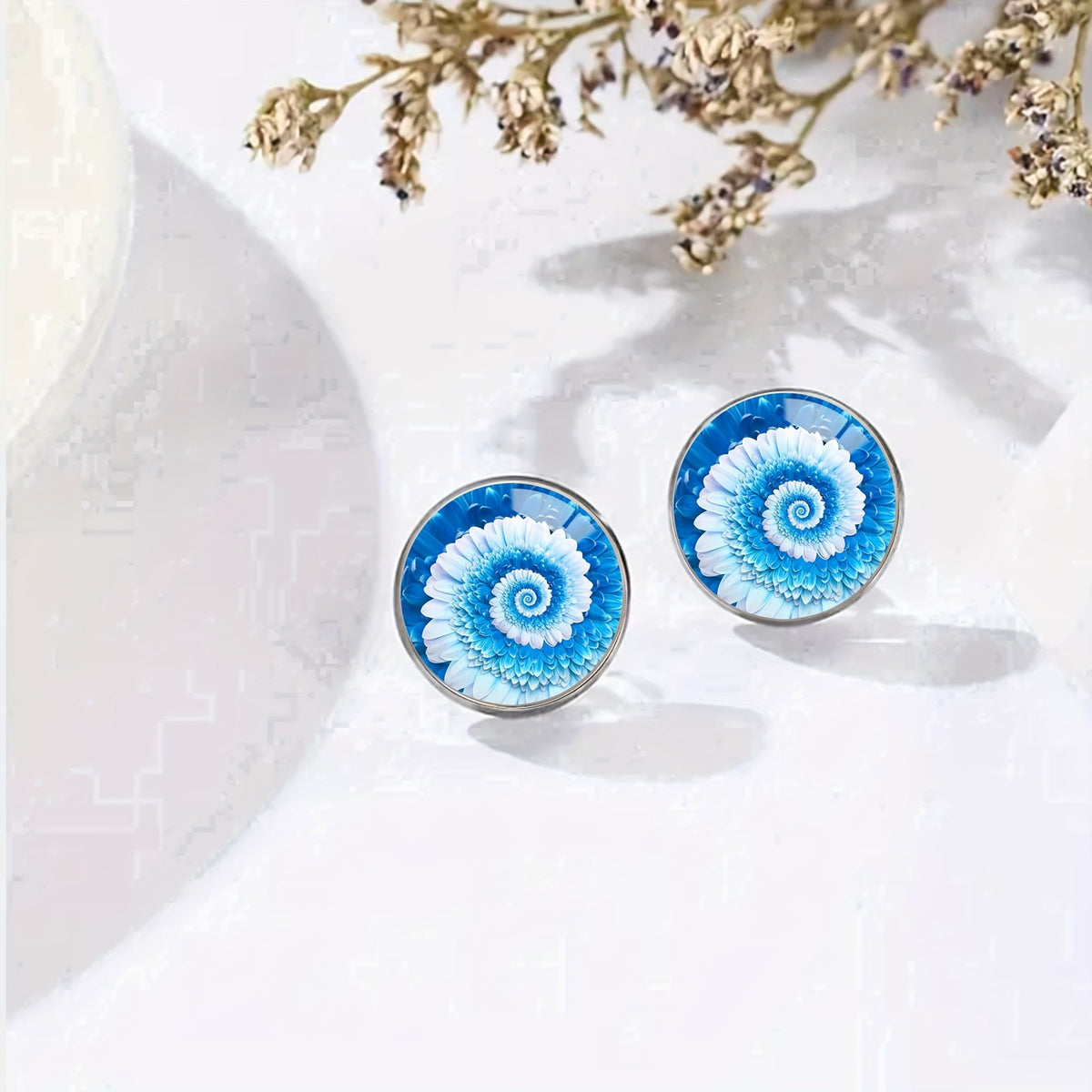 Blue Glass Flower Stud Earrings