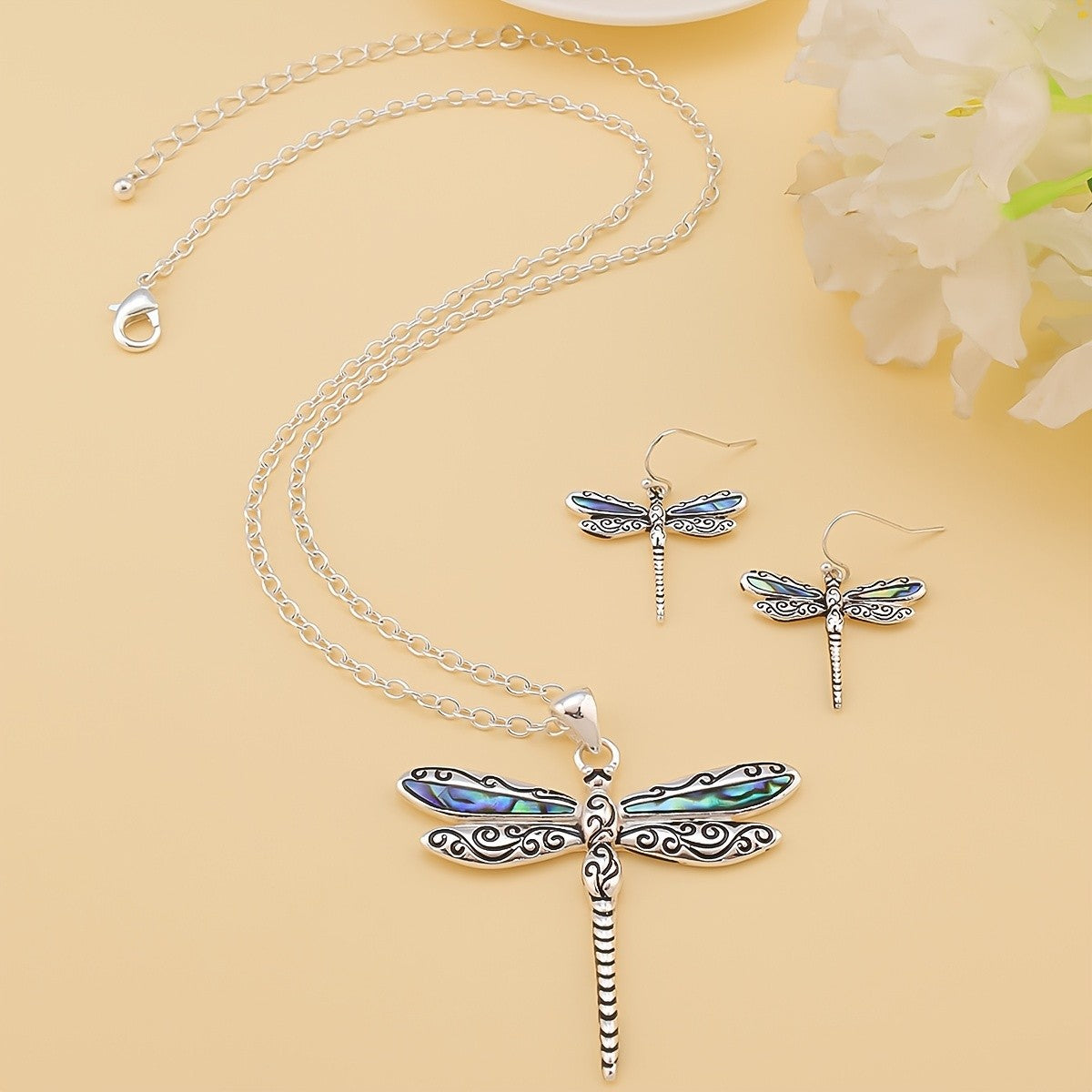 Iridescent Dragonfly Necklace & Earring Set