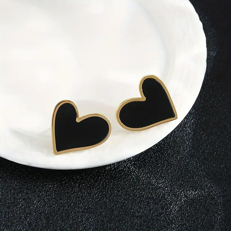 Black Heart Gold-Tone Stud Earrings