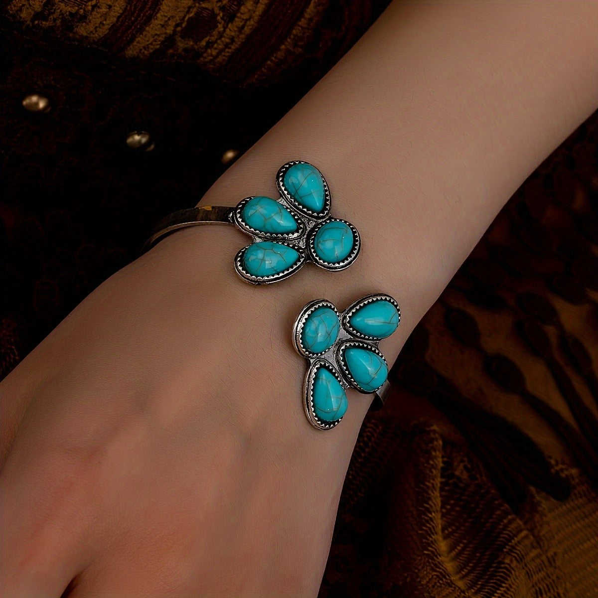 Turquoise Flower Cluster Cuff Bracelet