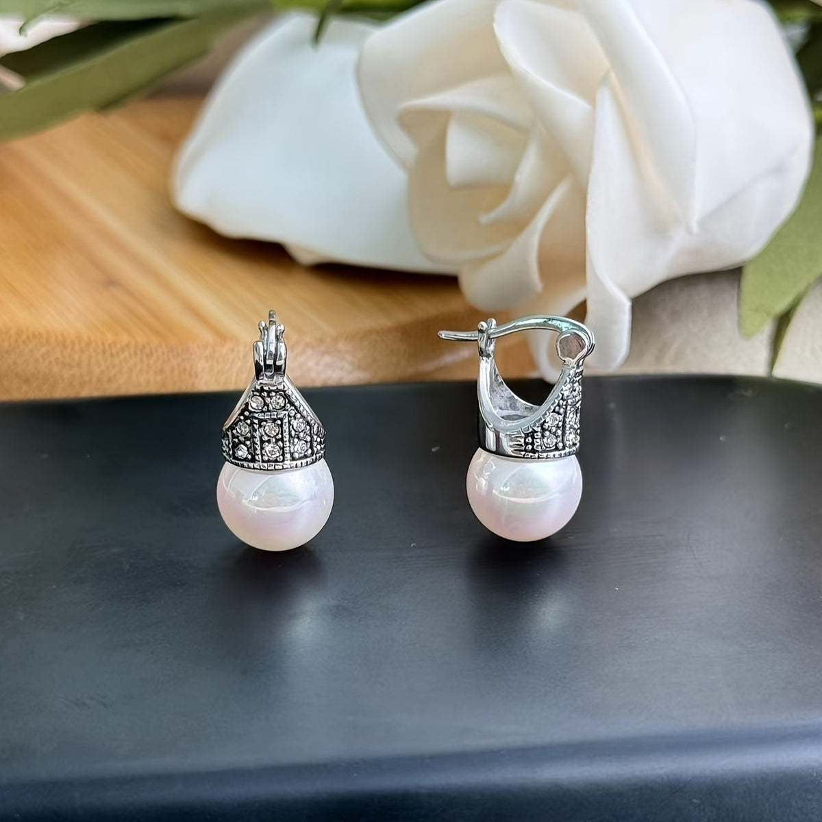 Rhinestone Cap Bead Drop Earrings
