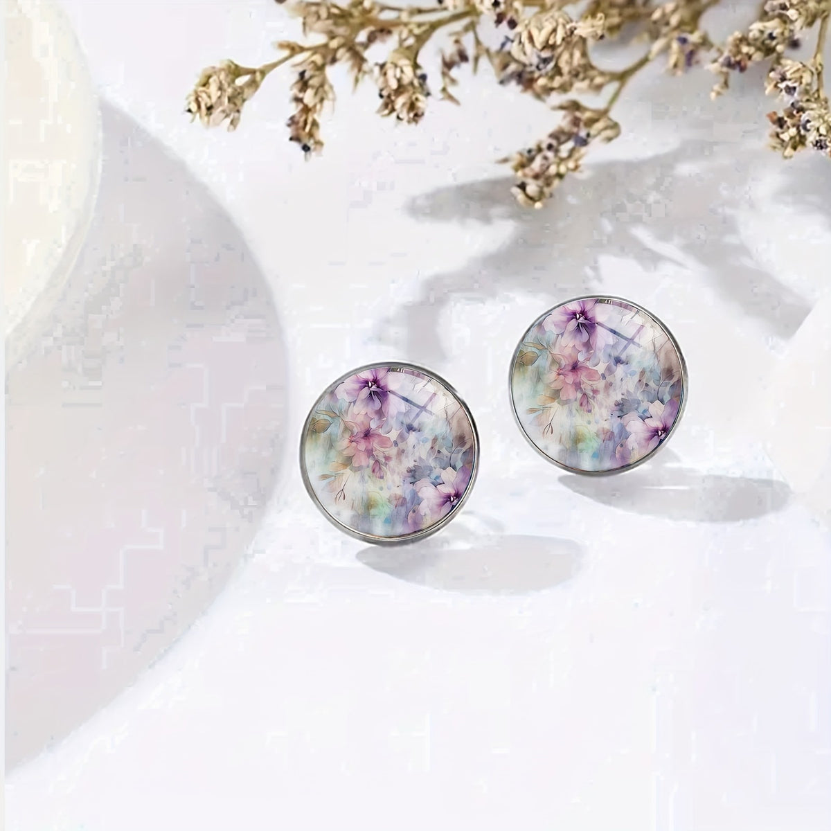Purple Floral Glass Stud Earrings