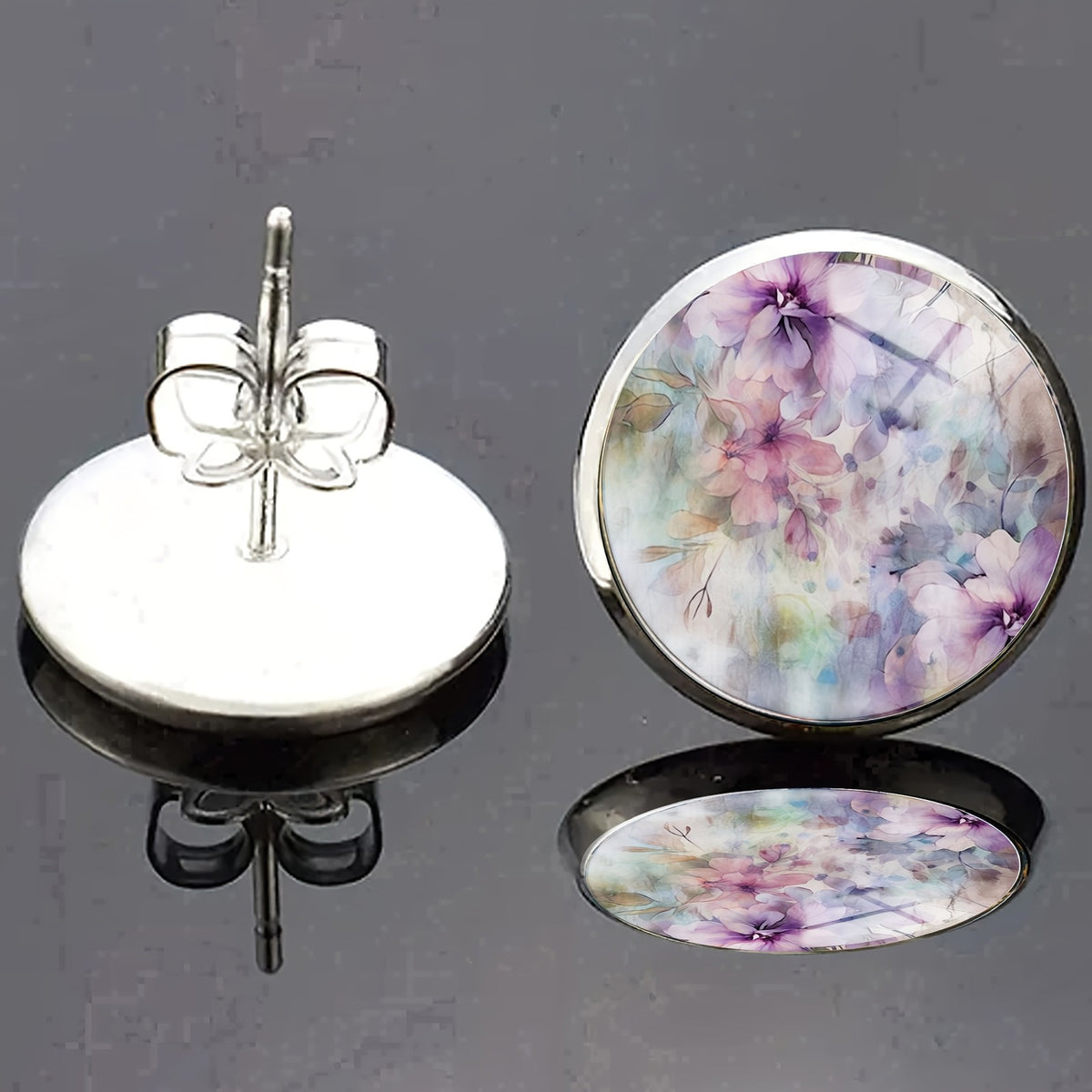 Purple Floral Glass Stud Earrings