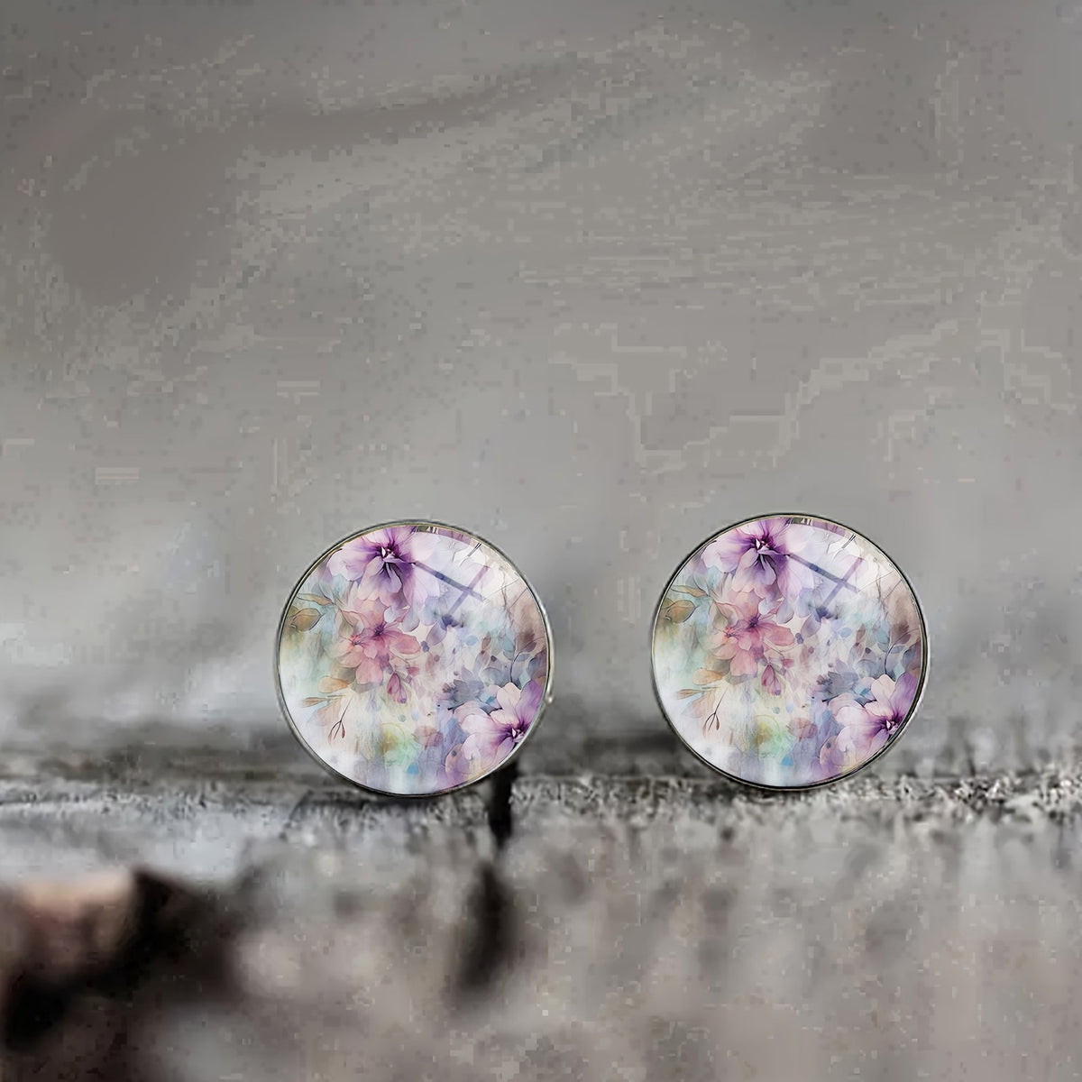 Purple Floral Glass Stud Earrings
