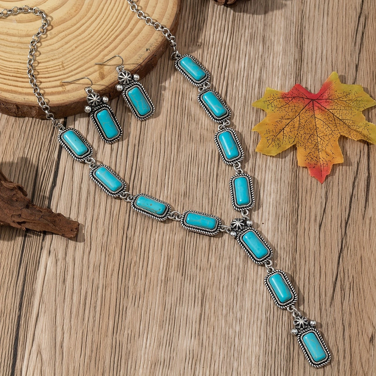 Turquoise Rectangle Y-Drop Necklace & Earring Set