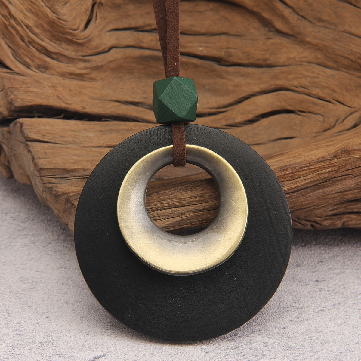 Wood Disc & Metal Hoop Pendant Necklace